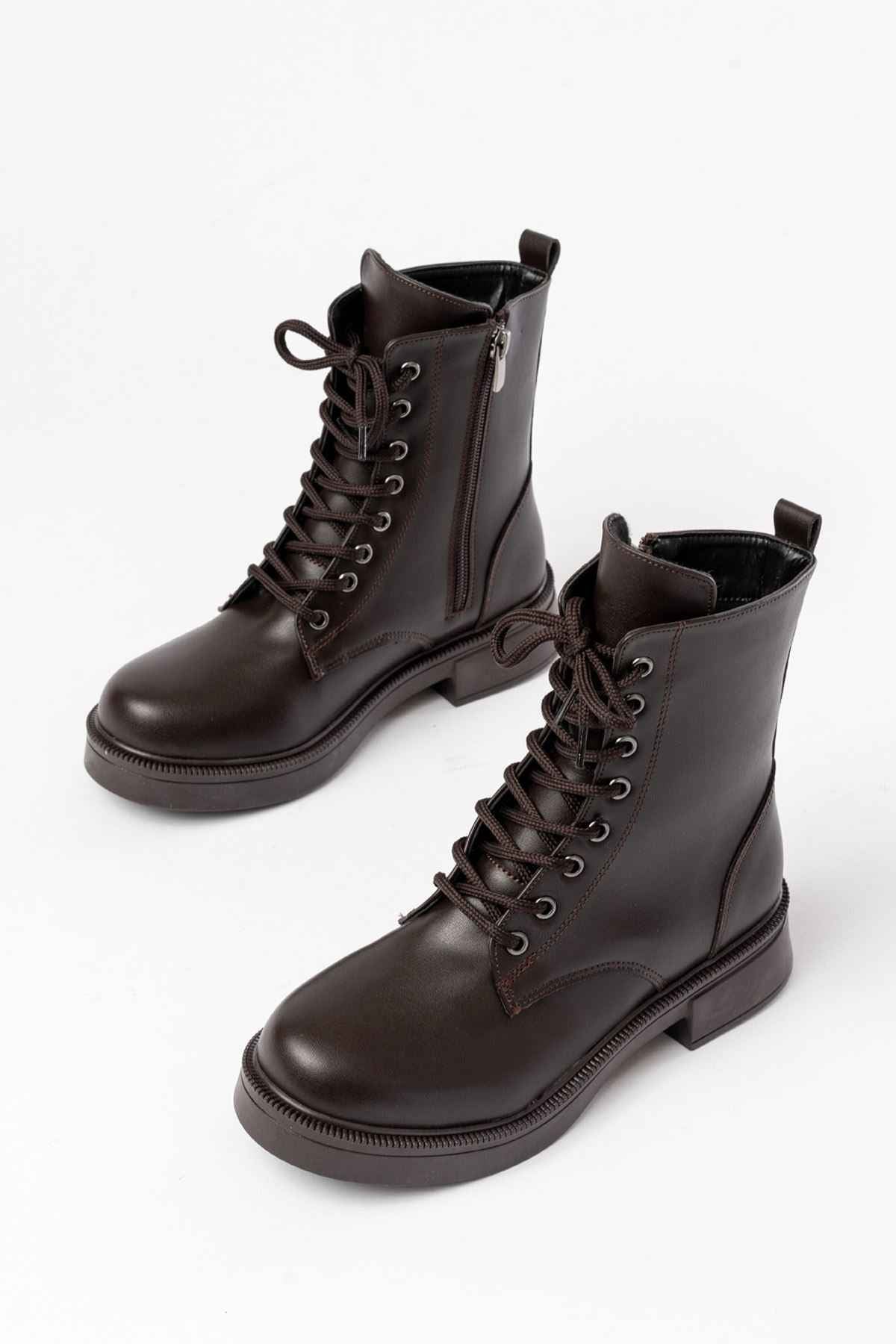 Ayakkabı Aşkı 02-356 Kahve Düz Topuklu Bağcıklı Fermuarlı Günlük Kadın Bot