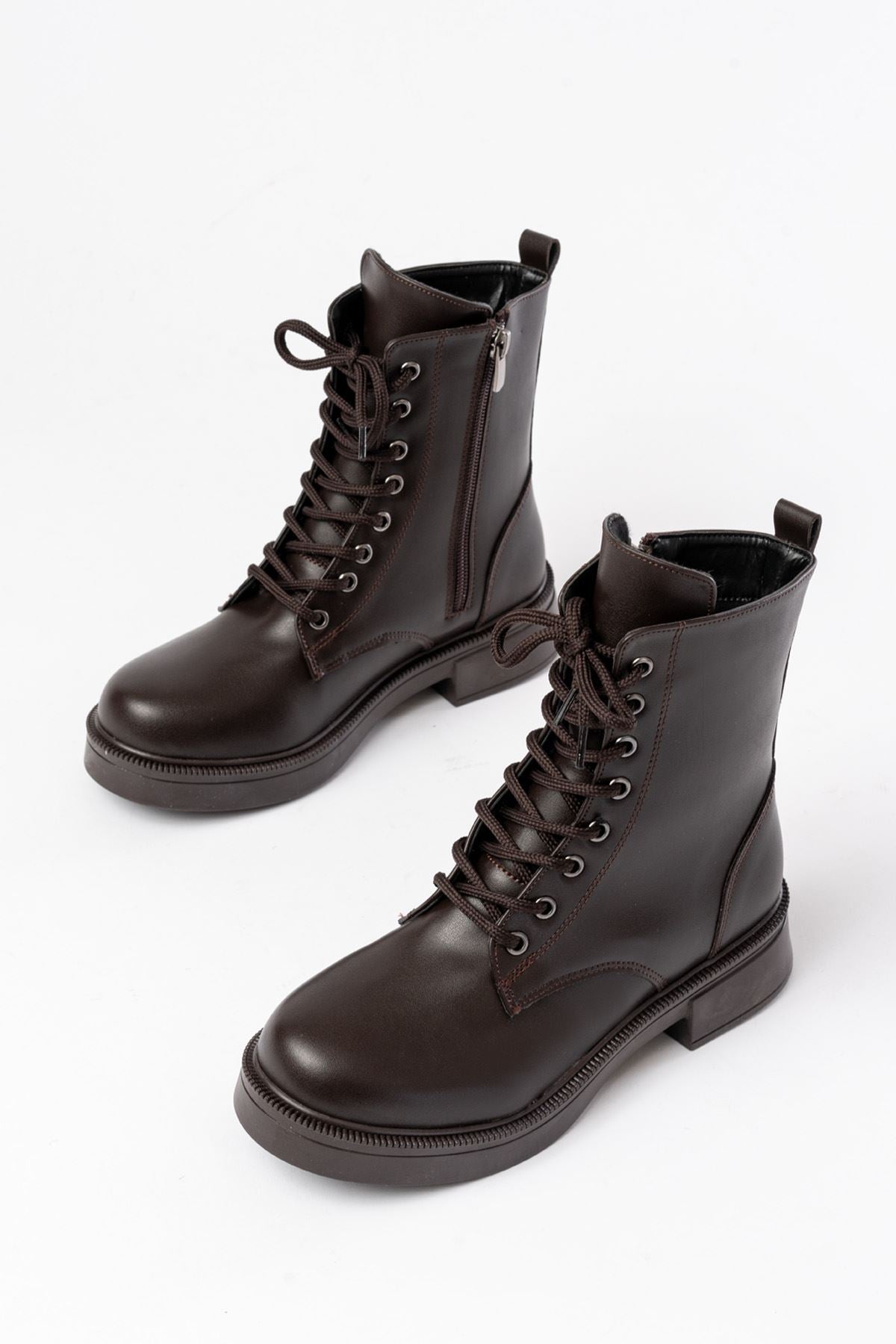 Ayakkabı Aşkı Kahve Düz Topuklu Bağcıklı Fermuarlı Günlük Kadın Bot - Ayakkabı Aşkı