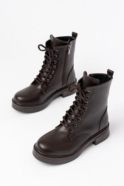 Ayakkabı Aşkı Kahve Düz Topuklu Bağcıklı Fermuarlı Günlük Kadın Bot