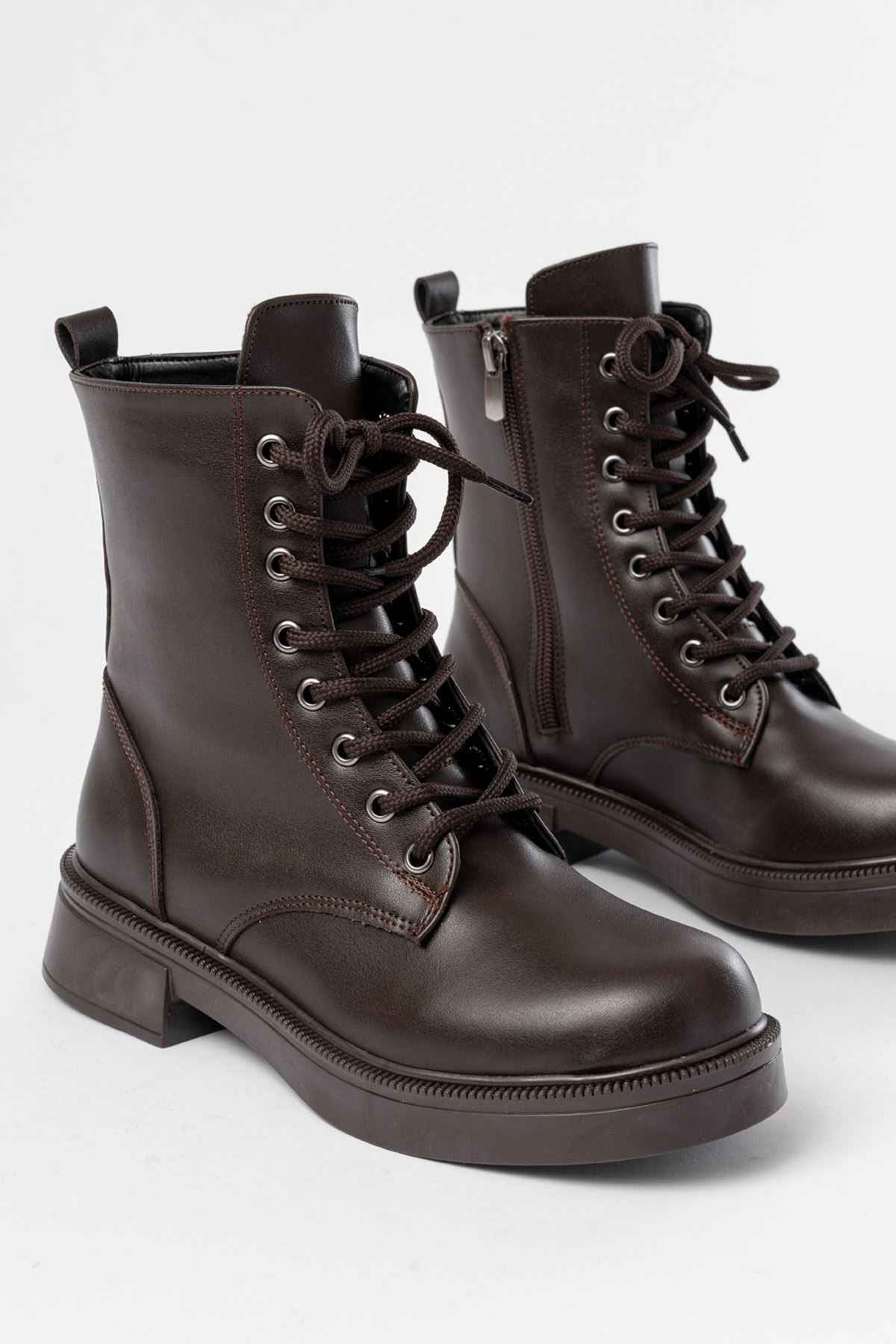 Ayakkabı Aşkı 02-356 Kahve Düz Topuklu Bağcıklı Fermuarlı Günlük Kadın Bot