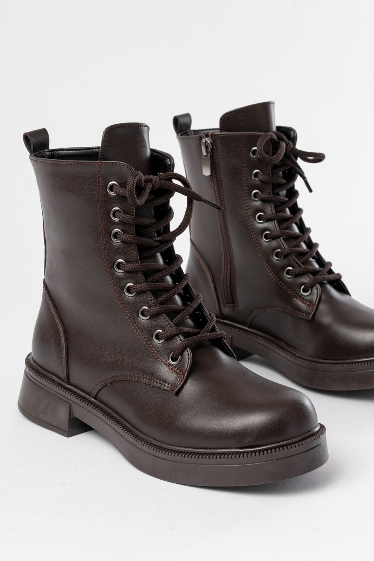 Ayakkabı Aşkı Kahve Düz Topuklu Bağcıklı Fermuarlı Günlük Kadın Bot