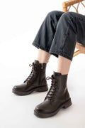 Ayakkabı Aşkı 02-356 Kahve Düz Topuklu Bağcıklı Fermuarlı Günlük Kadın Bot