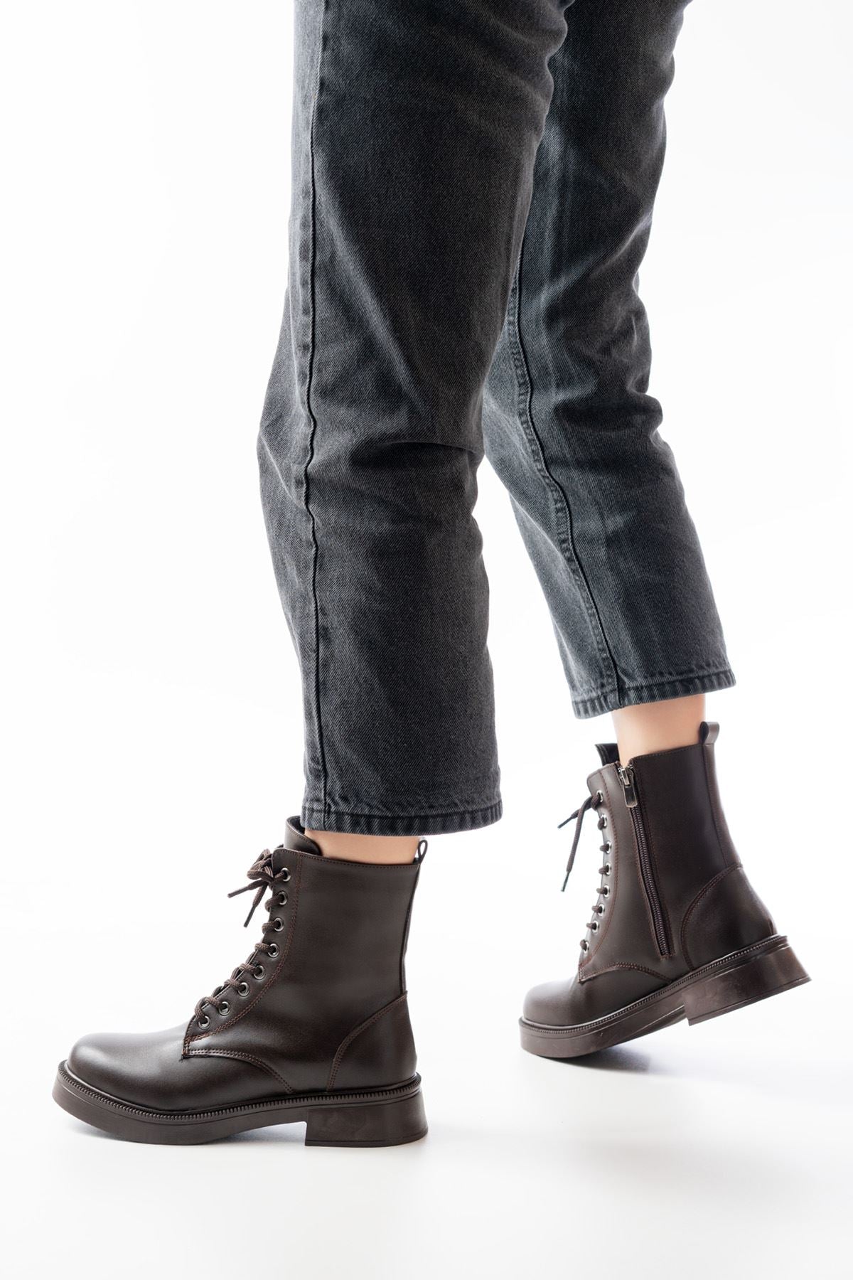 Ayakkabı Aşkı Kahve Düz Topuklu Bağcıklı Fermuarlı Günlük Kadın Bot - Ayakkabı Aşkı