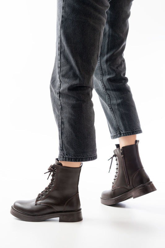 Ayakkabı Aşkı Kahve Düz Topuklu Bağcıklı Fermuarlı Günlük Kadın Bot