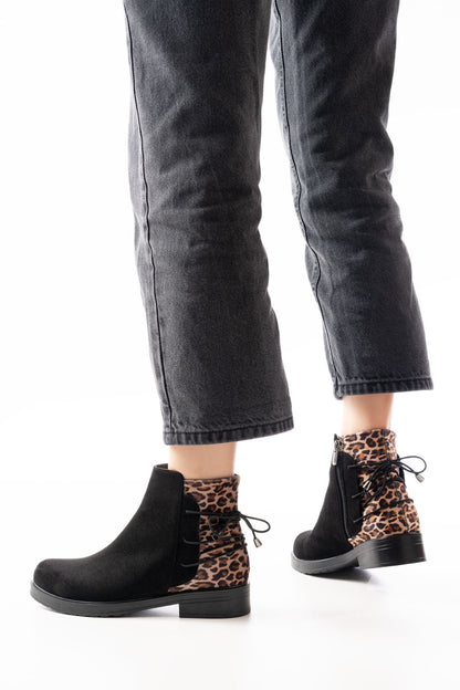 Ayakkabı Aşkı Siyah Leopar Arka Bağcık Aksesuarlı Fermuarlı Günlük Kadın Bot