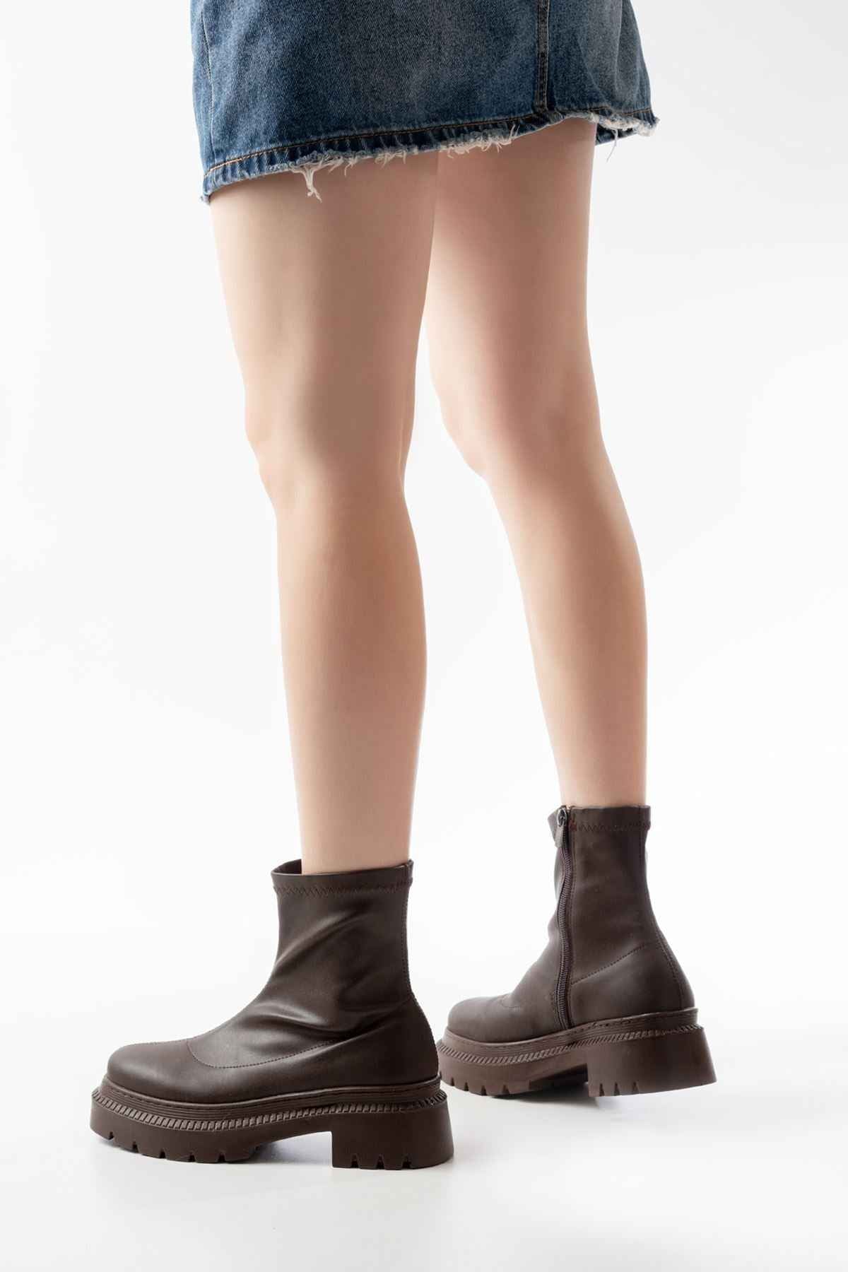 Ayakkabı Aşkı 236-2011 Kahve Streç Fermuarlı Günlük Kadın Bot