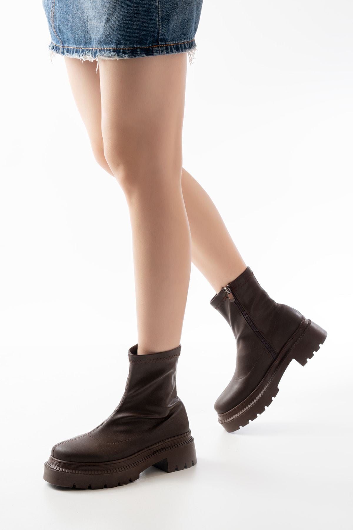 Ayakkabı Aşkı Kahve Streç Fermuarlı Günlük Kadın Bot