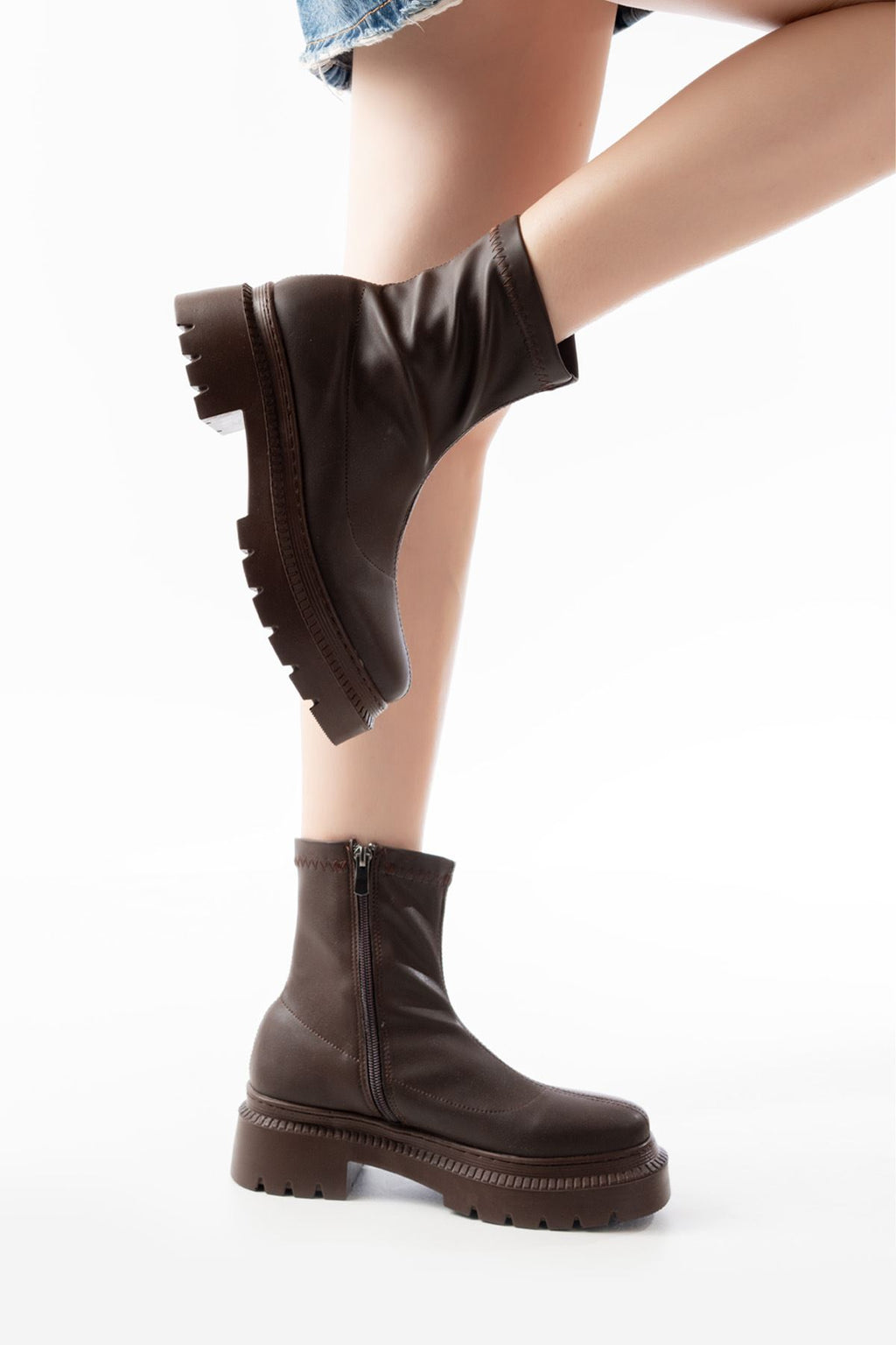 Ayakkabı Aşkı Kahve Streç Fermuarlı Günlük Kadın Bot - Ayakkabı Aşkı