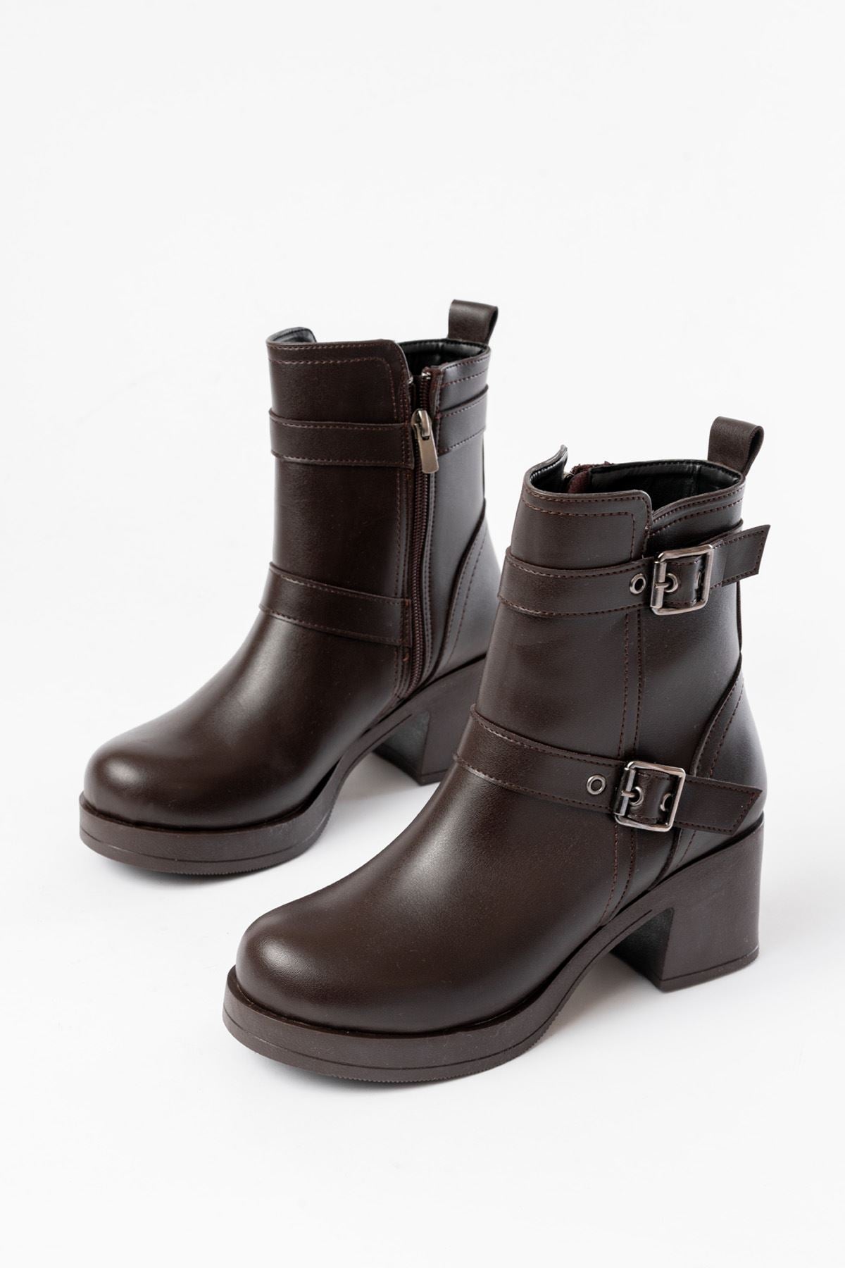 Ayakkabı Aşkı Kahverengi Topuklu Fermuarlı Günlük Kadın Bot - Ayakkabı Aşkı