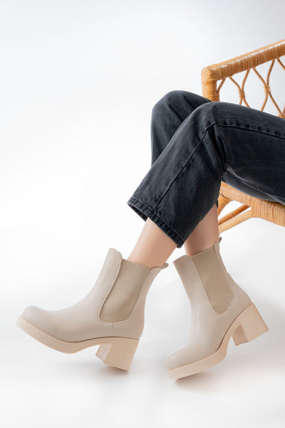 Ayakkabı Aşkı Bej Lastikli Kalın Topuklu Günlük Kadın Bot