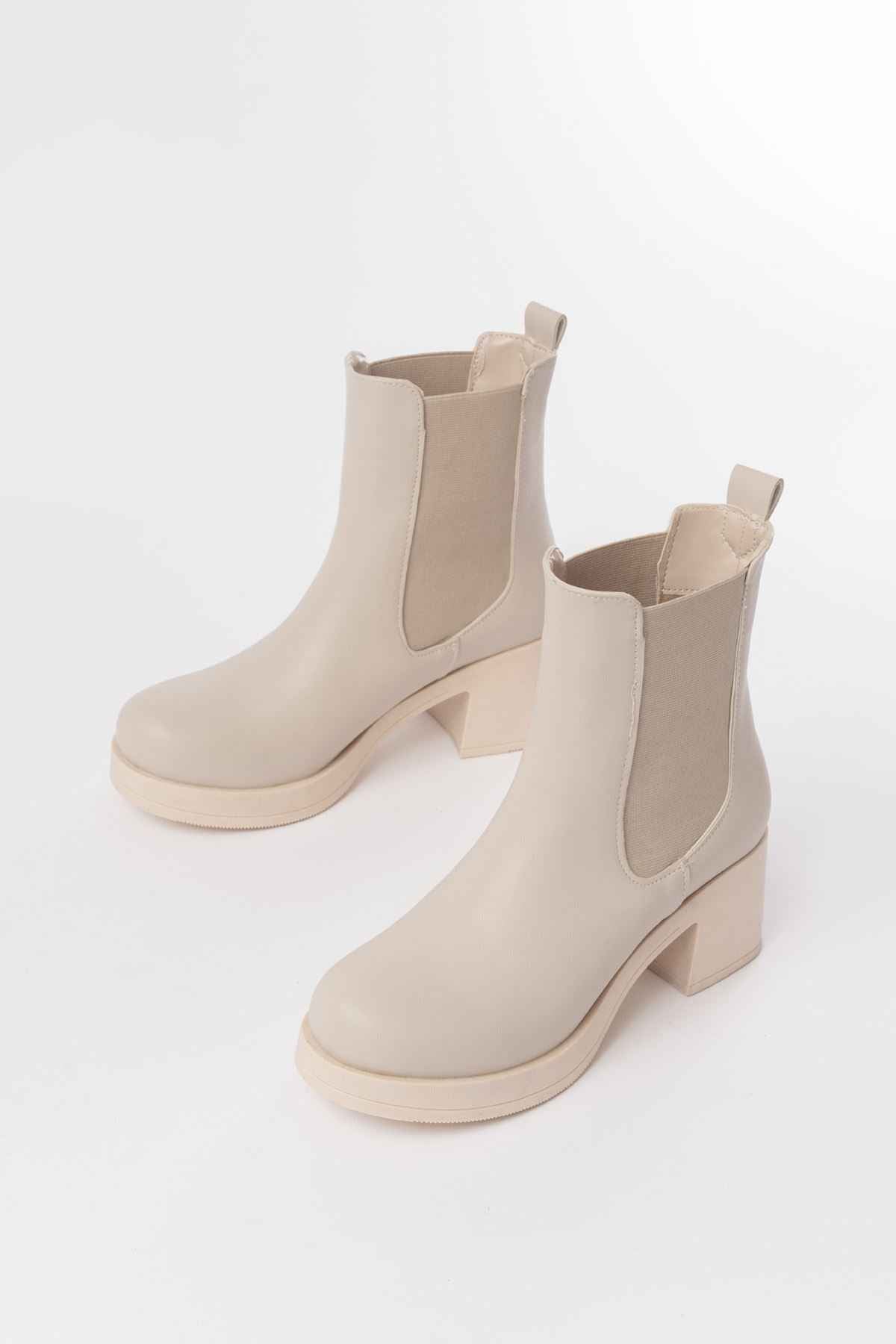 Ayakkabı Aşkı 5109-3056 Bej Lastikli  Kalın Topuklu Günlük Kadın Bot