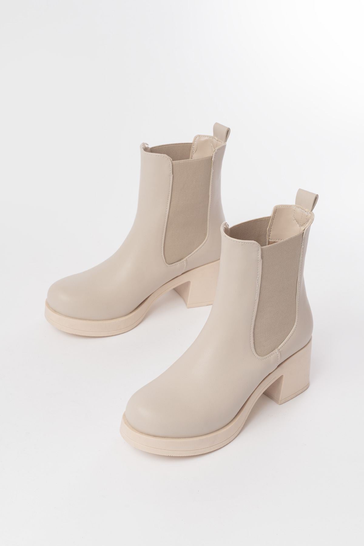 Ayakkabı Aşkı Bej Lastikli Kalın Topuklu Günlük Kadın Bot - Ayakkabı Aşkı