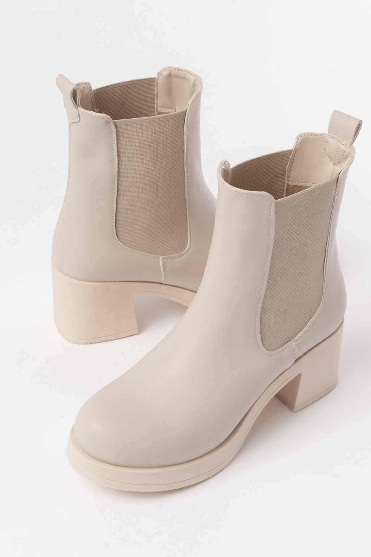 Ayakkabı Aşkı 5109-3056 Bej Lastikli  Kalın Topuklu Günlük Kadın Bot