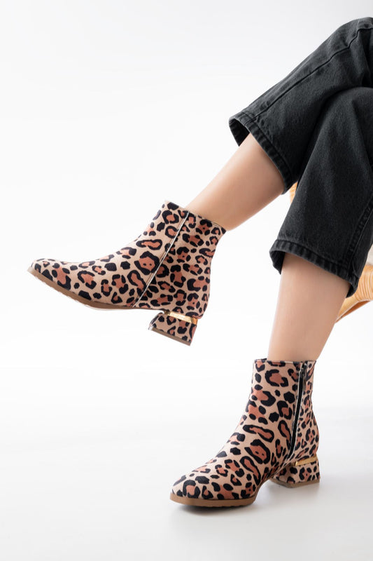 RM-500 Leopar Topuklu Fermuarlı Günlük Kadın Bot - Kahve