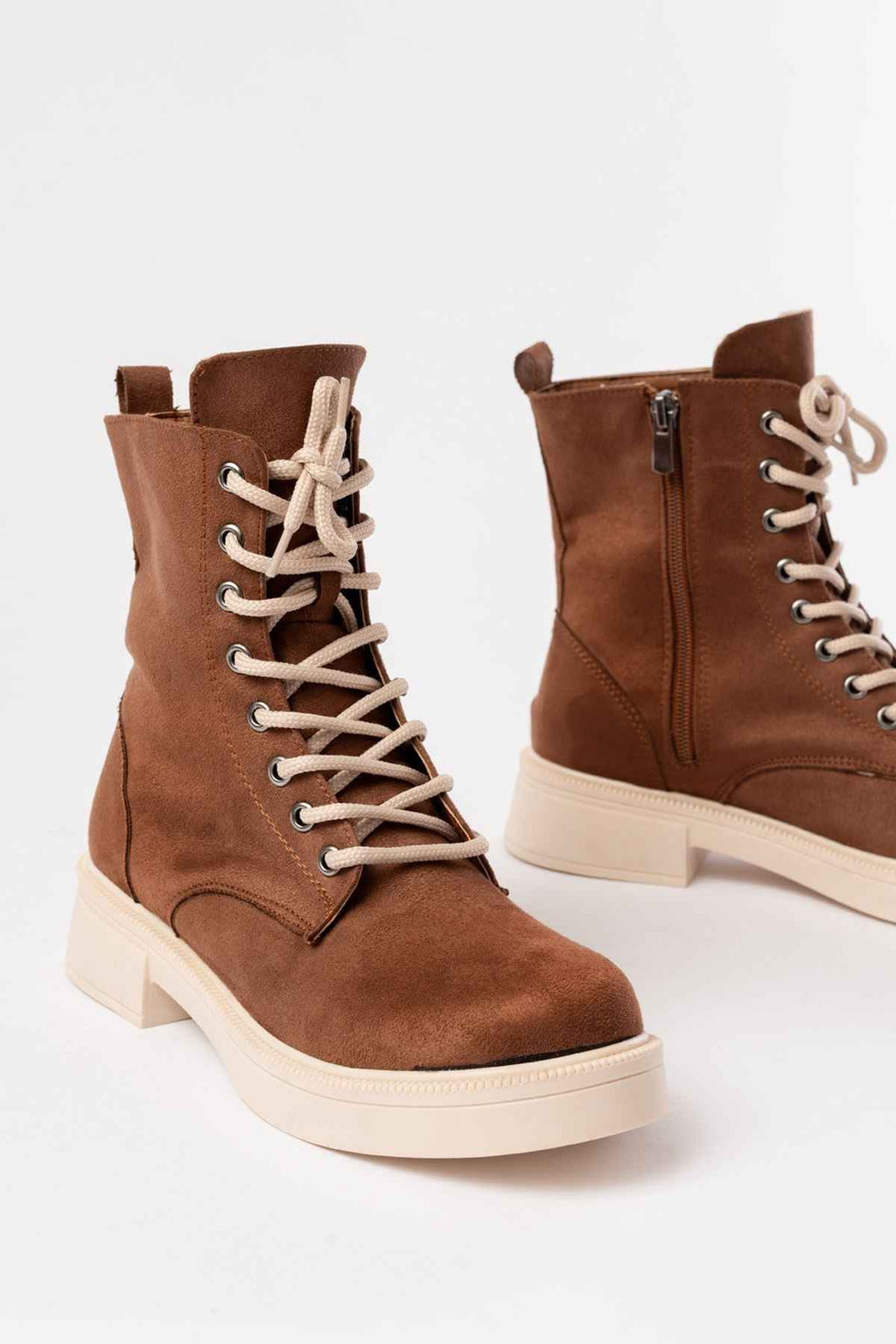 Ayakkabı Aşkı 02-356 Taba Süet Düz Topuklu Bağcıklı Fermuarlı Günlük Kadın Bot