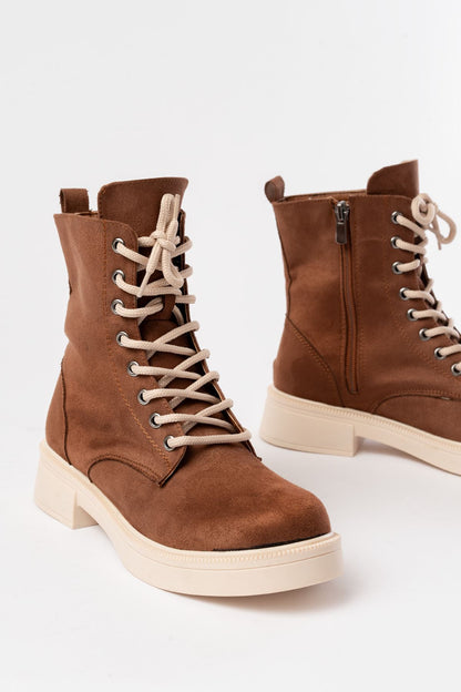 Ayakkabı Aşkı Taba Süet Düz Topuklu Bağcıklı Fermuarlı Günlük Kadın Bot