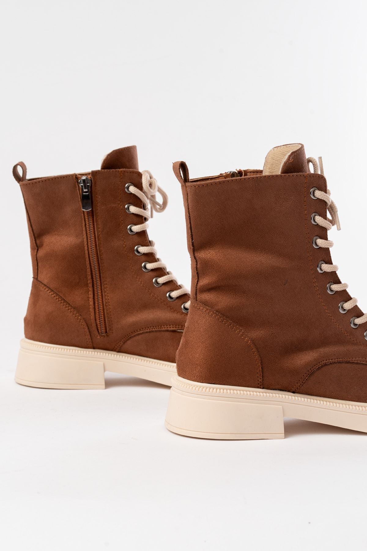 Ayakkabı Aşkı Taba Süet Düz Topuklu Bağcıklı Fermuarlı Günlük Kadın Bot