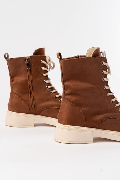 Ayakkabı Aşkı Taba Süet Düz Topuklu Bağcıklı Fermuarlı Günlük Kadın Bot