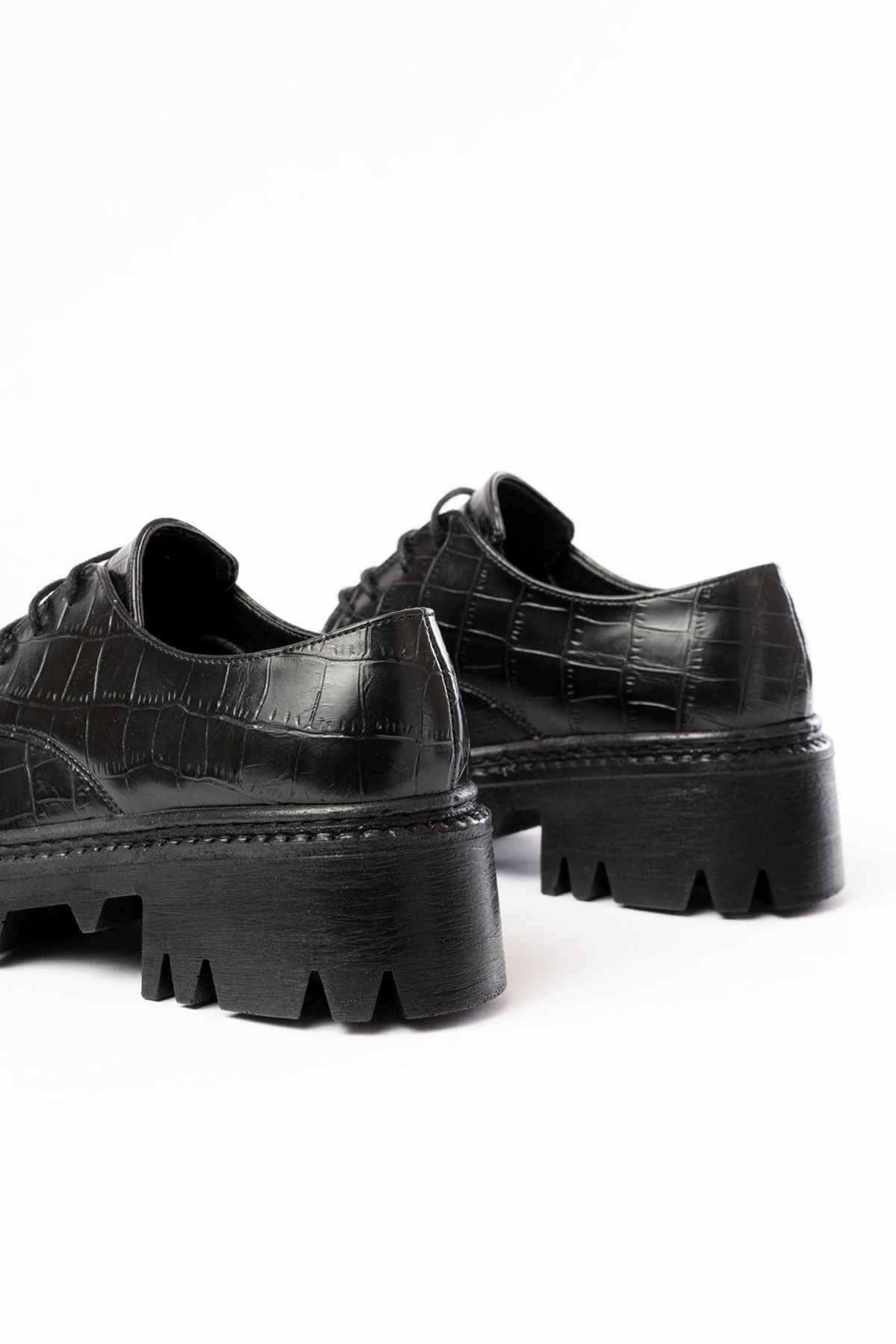 Ayakkabı Aşkı Siyah Kroko Bağcıklı Günlük Yüksek Tabanlı Loafer Ayakkabı