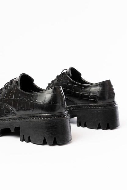 Ayakkabı Aşkı Siyah Kroko Bağcıklı Günlük Yüksek Tabanlı Loafer Ayakkabı