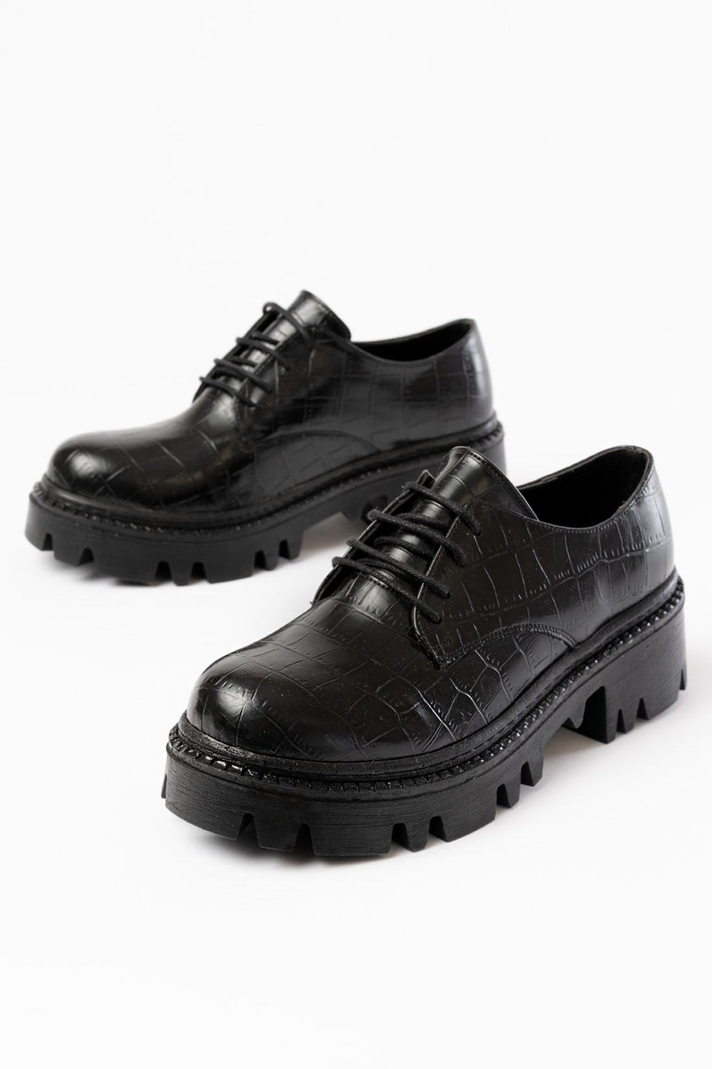 Ayakkabı Aşkı Siyah Kroko Bağcıklı Günlük Yüksek Tabanlı Loafer Ayakkabı