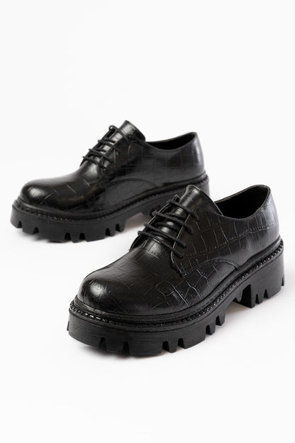 Ayakkabı Aşkı Siyah Kroko Bağcıklı Günlük Yüksek Tabanlı Loafer Ayakkabı