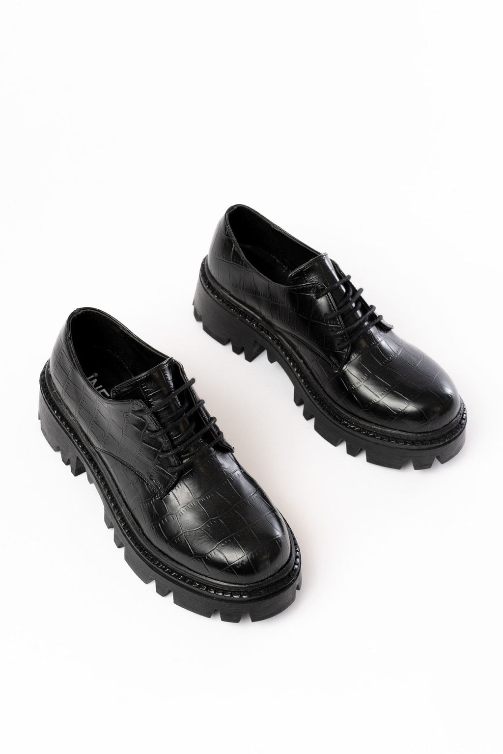 Ayakkabı Aşkı Siyah Kroko Bağcıklı Günlük Yüksek Tabanlı Loafer Ayakkabı