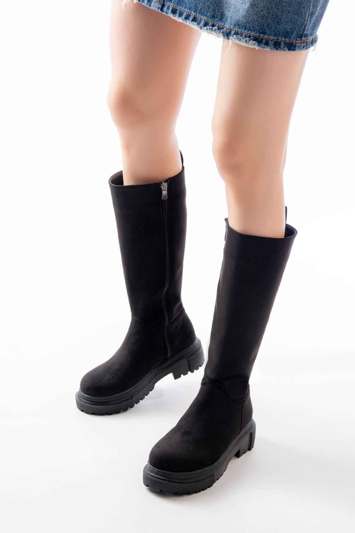 Ayakkabı Aşkı 812-340 Siyah Süet Fermuarlı Günlük Kadın Çizme