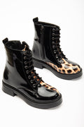 Ayakkabı Aşkı Siyah Rugan Leopar Bağcıklı Fermuarlı Günlük Kadın Bot - Ayakkabı Aşkı