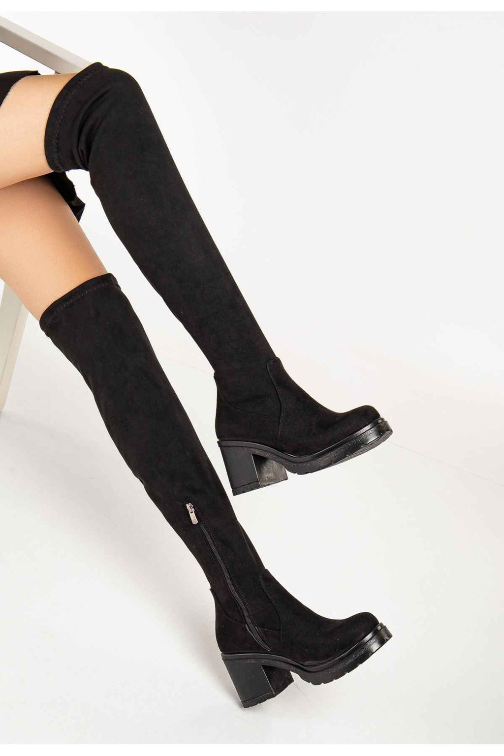 Ayakkabı Aşkı 767-3010 Siyah Süet Streç Günlük Kalın Topuklu Kadın Çizme