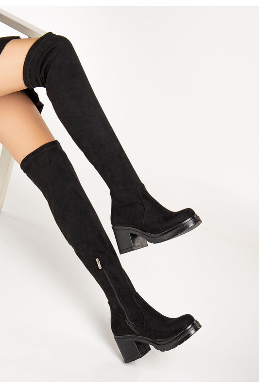767-3010 Siyah Süet Streç Günlük Kalın Topuklu Kadın Çizme - Siyah