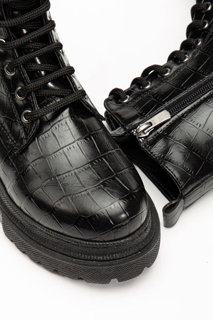 Ayakkabı Aşkı Siyah Kroko Bağcıklı Fermuarlı Günlük Kadın Bot