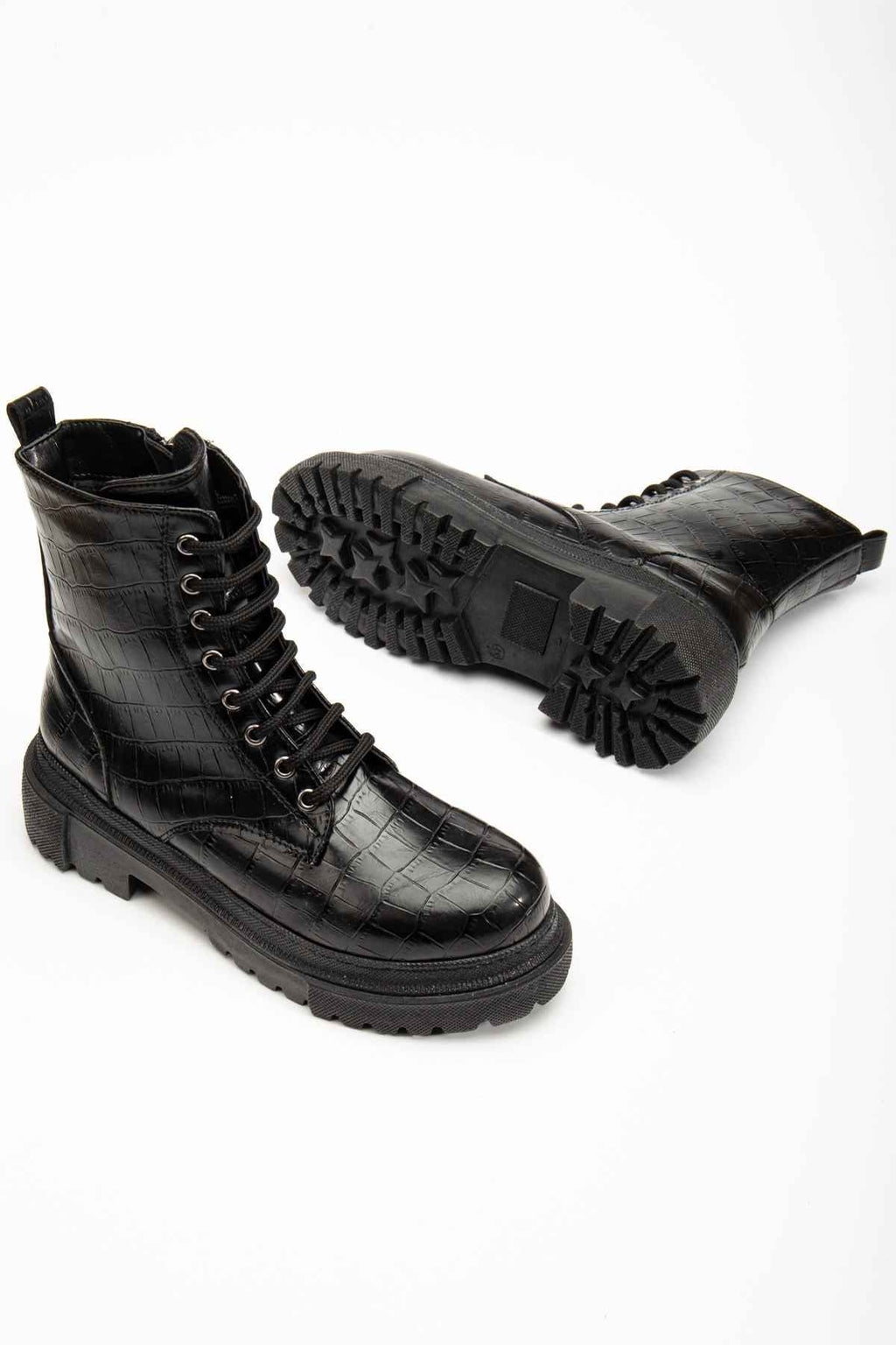 Ayakkabı Aşkı 812-356 Siyah Kroko Bağcıklı Fermuarlı Günlük Kadın Bot