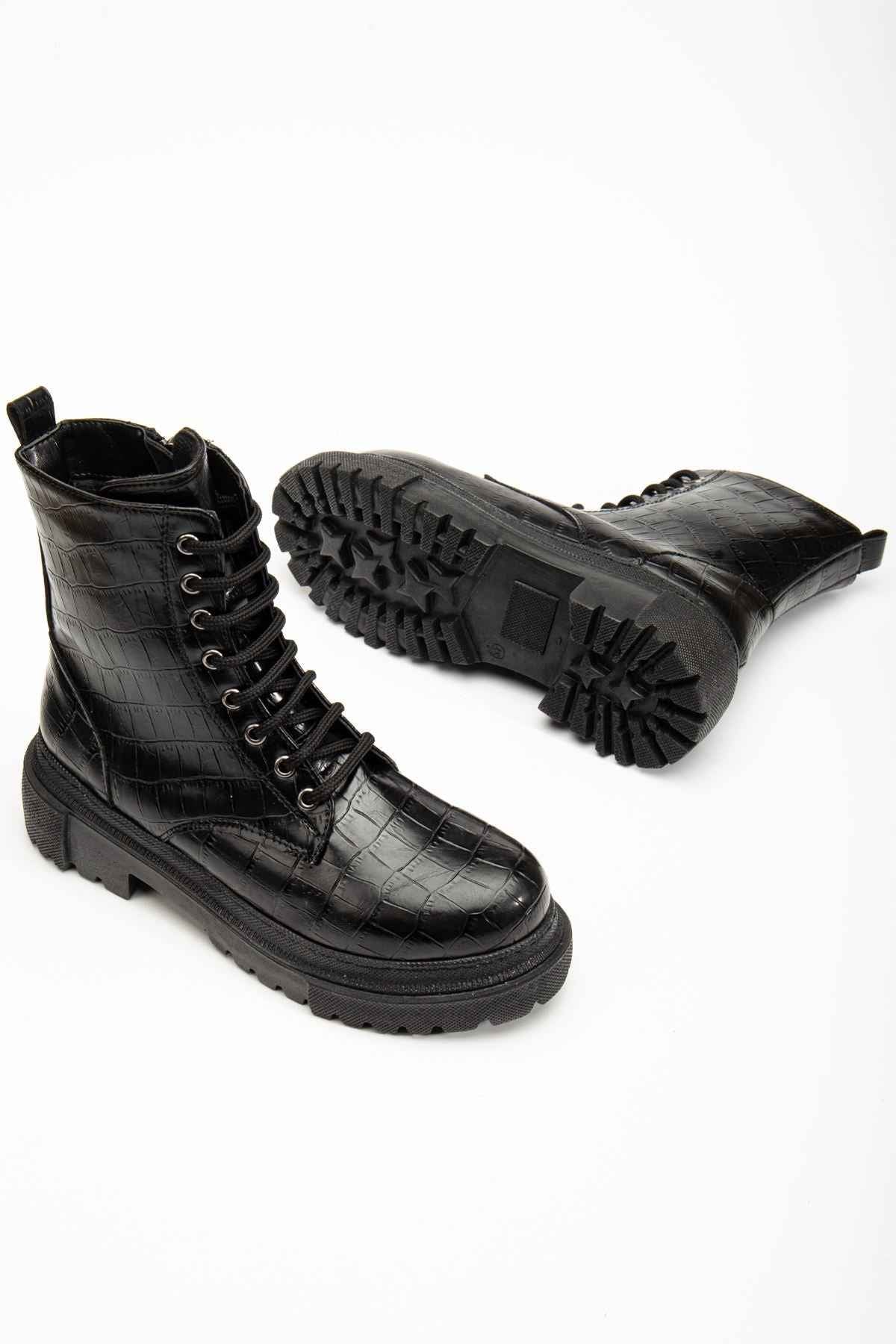 Ayakkabı Aşkı 812-356 Siyah Kroko Bağcıklı Fermuarlı Günlük Kadın Bot