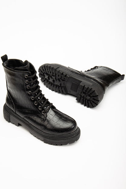 812-356 Siyah Kroko Bağcıklı Fermuarlı Günlük Kadın Bot - Siyah