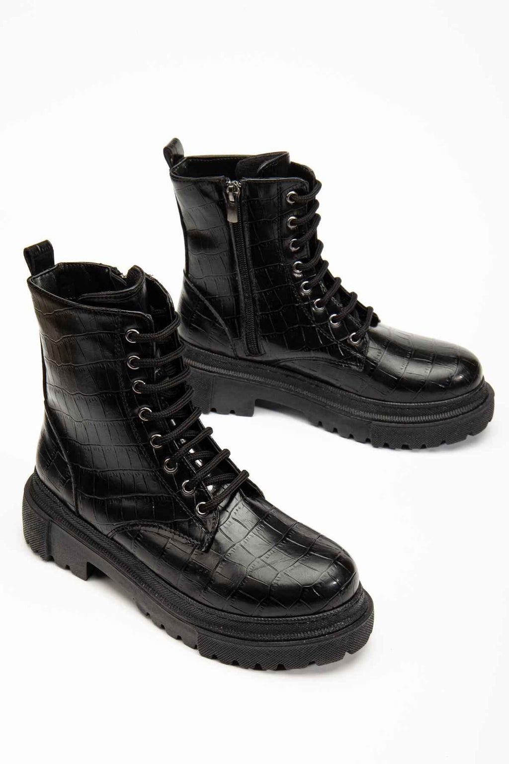 Ayakkabı Aşkı 812-356 Siyah Kroko Bağcıklı Fermuarlı Günlük Kadın Bot