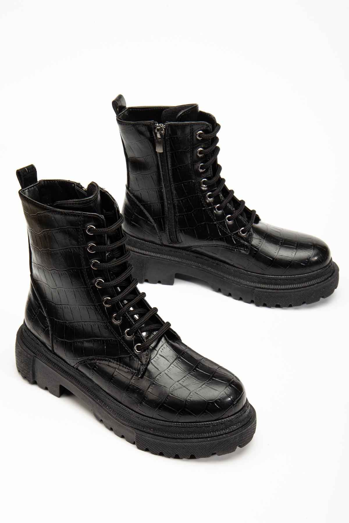 Ayakkabı Aşkı 812-356 Siyah Kroko Bağcıklı Fermuarlı Günlük Kadın Bot