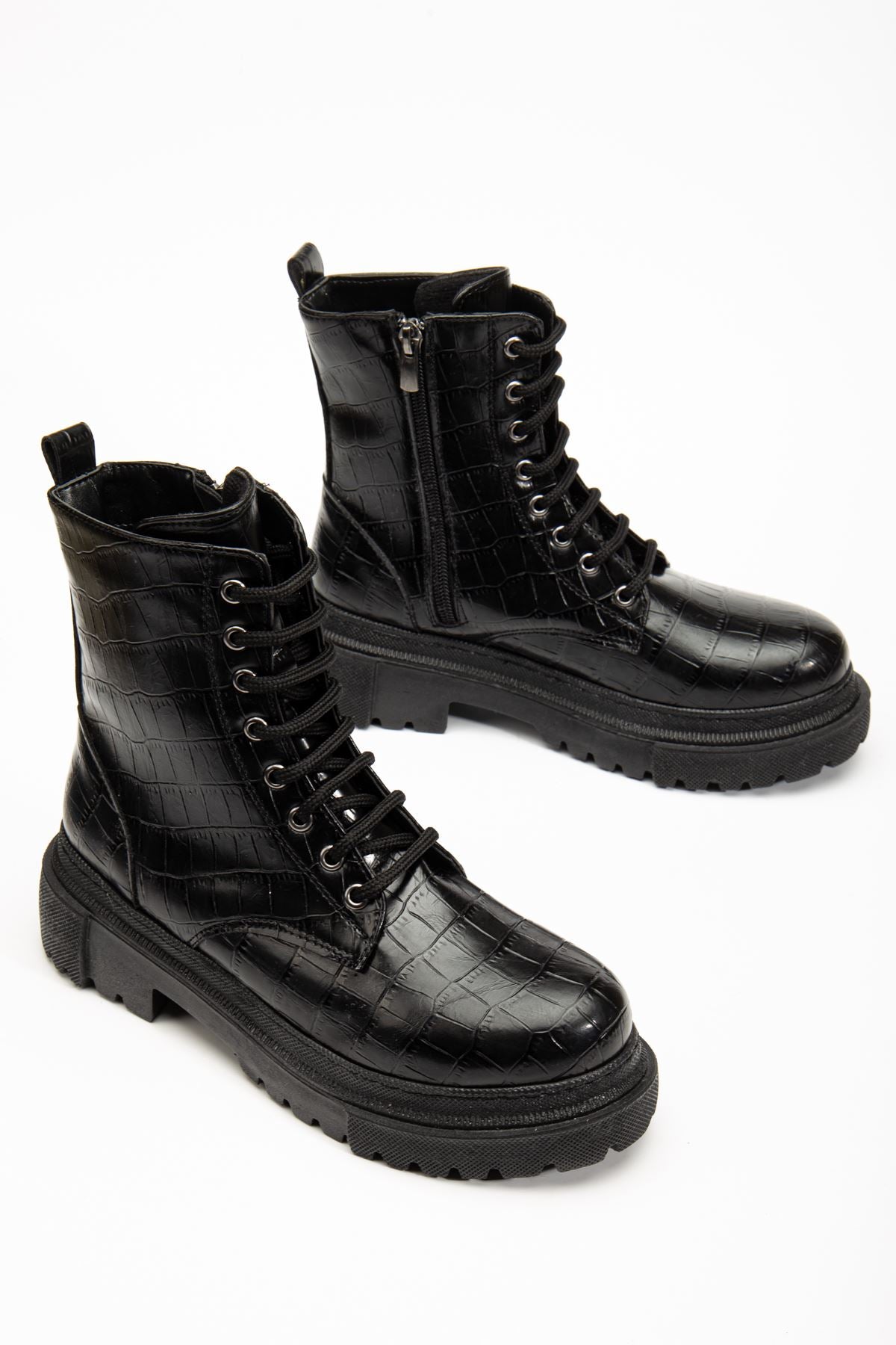 Ayakkabı Aşkı Siyah Kroko Bağcıklı Fermuarlı Günlük Kadın Bot