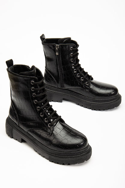 Ayakkabı Aşkı Siyah Kroko Bağcıklı Fermuarlı Günlük Kadın Bot