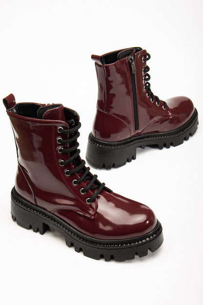 Ayakkabı Aşkı Bordo Rugan Bağcıklı Fermuarlı Günlük Kadın Bot
