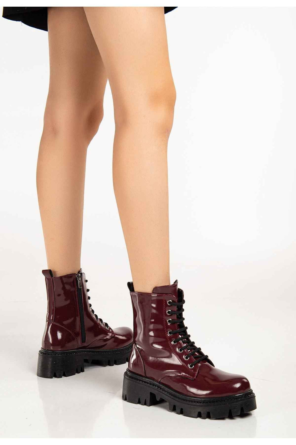 Ayakkabı Aşkı 868-356 Bordo Rugan Bağcıklı Fermuarlı Günlük Kadın Bot