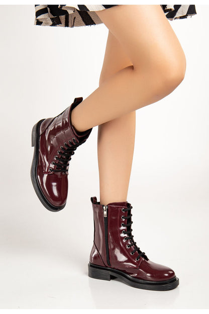 Ayakkabı Aşkı Bordo Rugan Bağcıklı Fermuarlı Günlük Kadın Bot