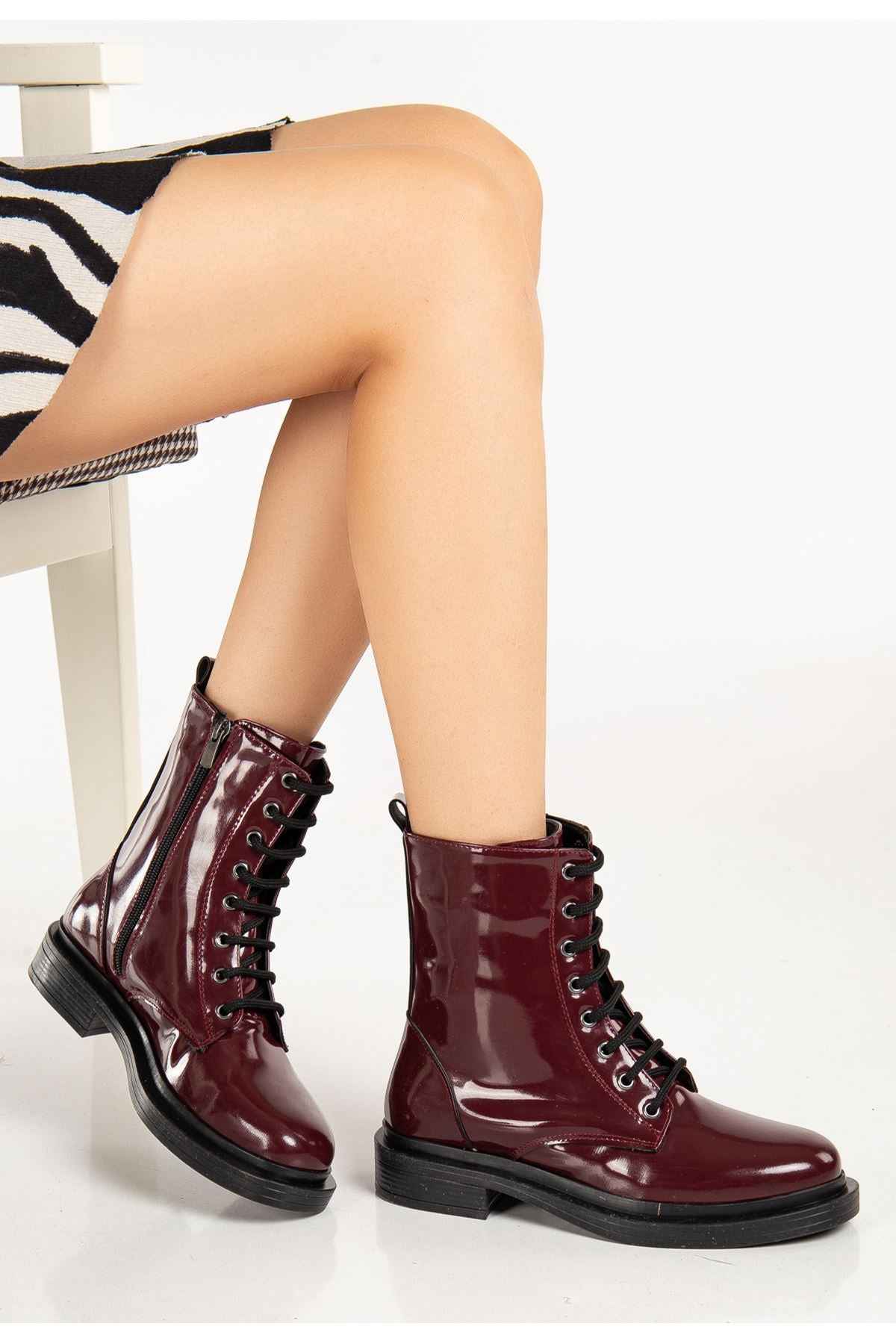 Ayakkabı Aşkı 2024-2289 Bordo Rugan Bağcıklı Fermuarlı Günlük Kadın Bot
