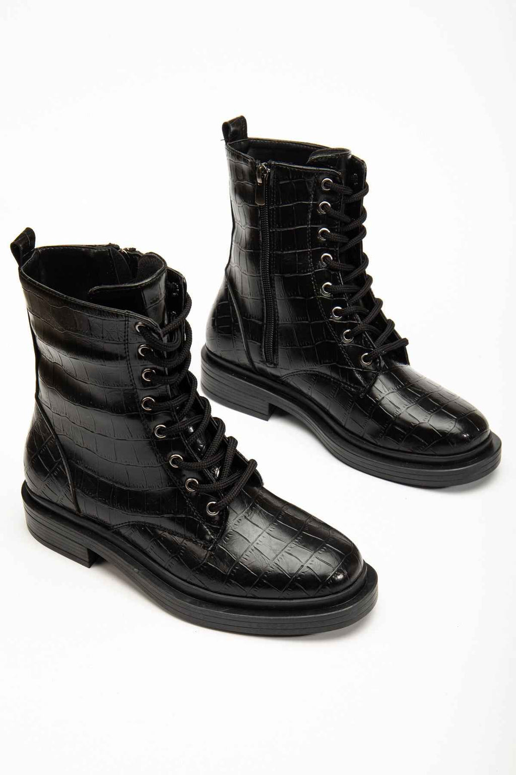 Ayakkabı Aşkı 2024-2289 Siyah Kroko Bağcıklı Fermuarlı Günlük Kadın Bot
