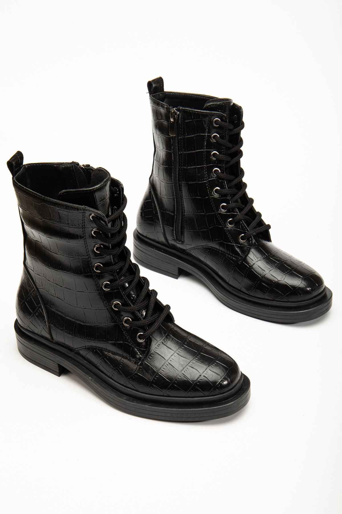 Ayakkabı Aşkı 2024-2289 Siyah Kroko Bağcıklı Fermuarlı Günlük Kadın Bot
