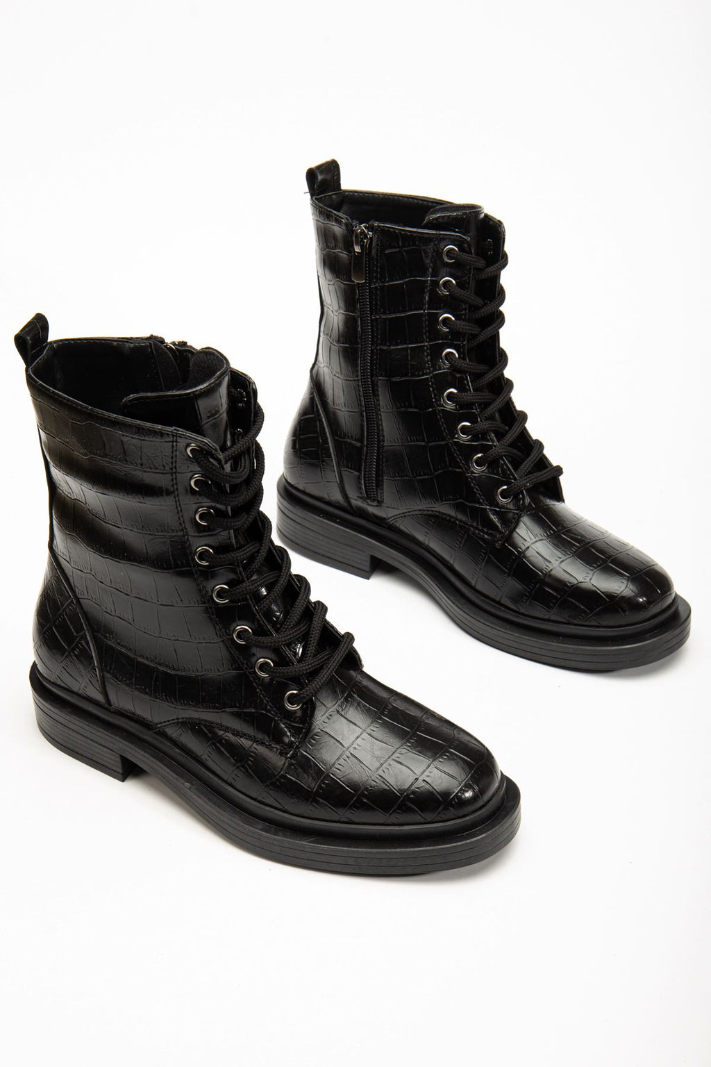 Ayakkabı Aşkı Siyah Kroko Bağcıklı Fermuarlı Günlük Kadın Bot