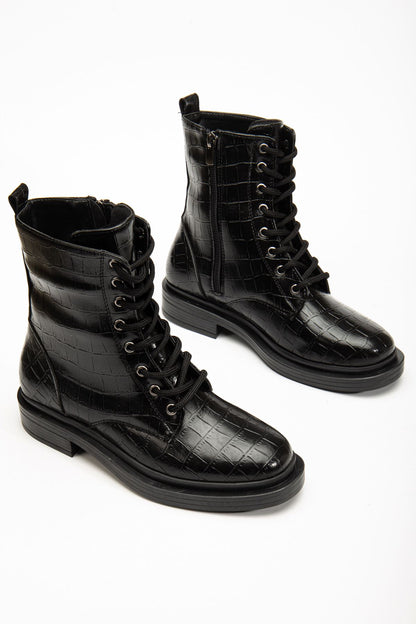 Ayakkabı Aşkı Siyah Kroko Bağcıklı Fermuarlı Günlük Kadın Bot