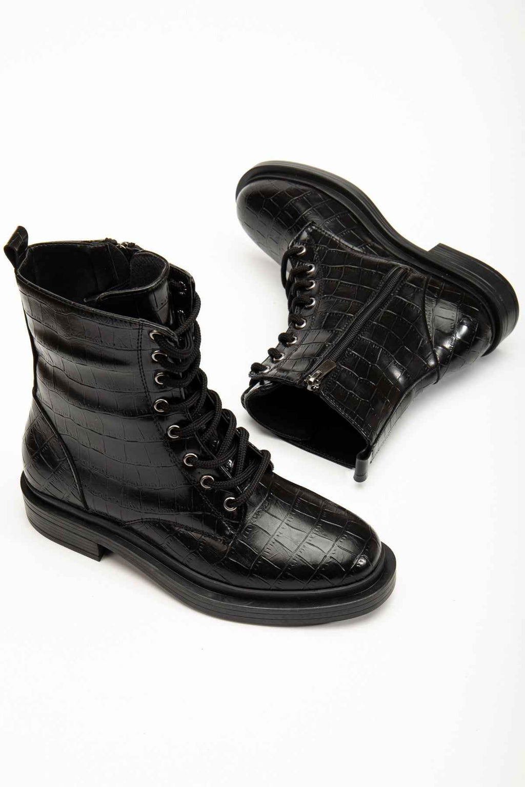 Ayakkabı Aşkı 2024-2289 Siyah Kroko Bağcıklı Fermuarlı Günlük Kadın Bot