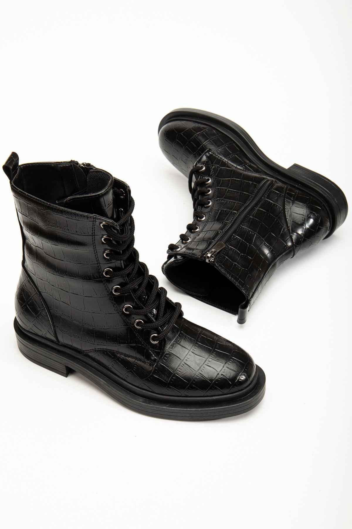 Ayakkabı Aşkı 2024-2289 Siyah Kroko Bağcıklı Fermuarlı Günlük Kadın Bot