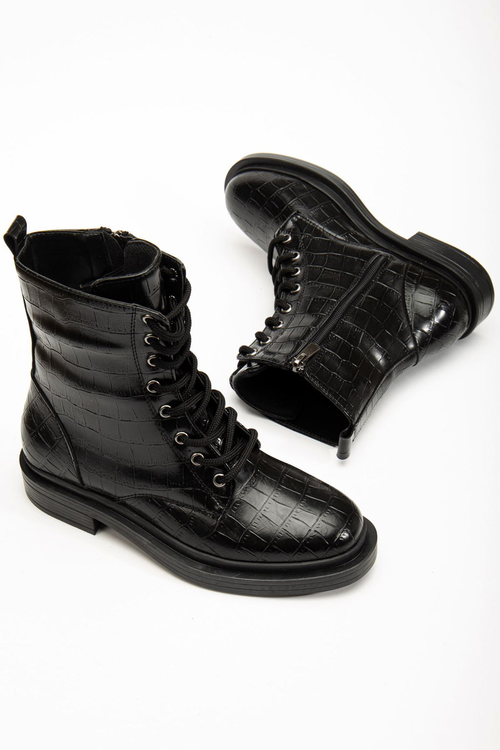 Ayakkabı Aşkı Siyah Kroko Bağcıklı Fermuarlı Günlük Kadın Bot